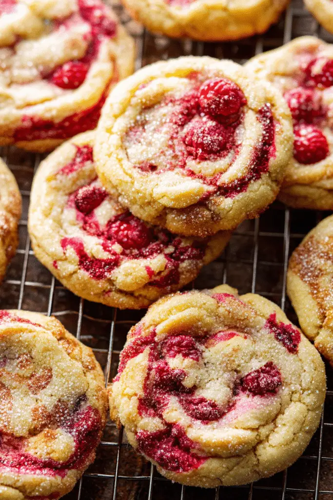 Close-up of lemon raspberry cookies on a cooling rack, golden edges with swirls of fresh raspberries and sprinkled sugar on top.