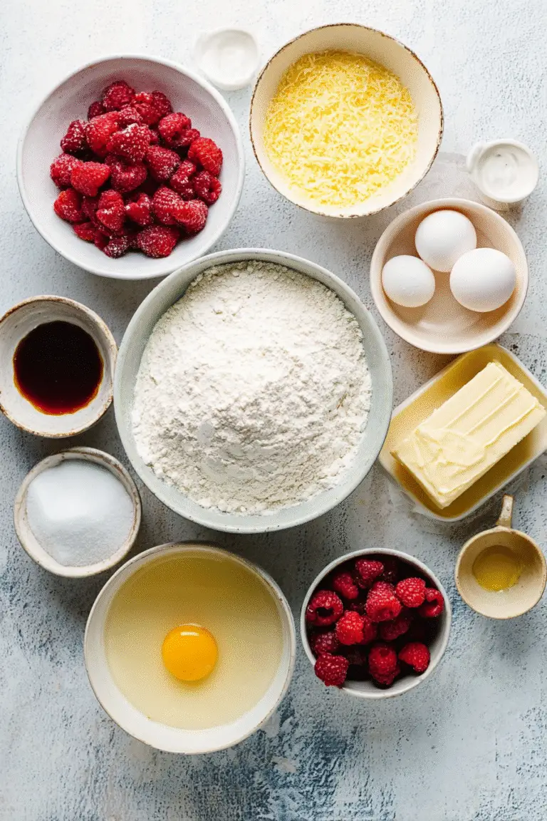 Flat lay of lemon raspberry cookie ingredients including flour, butter, eggs, raspberries, lemon zest, and sugar on a white surface.