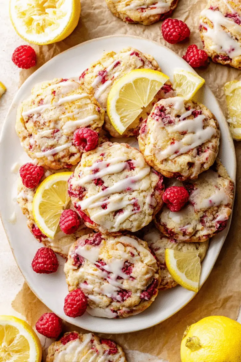 Plate of lemon raspberry cookies drizzled with glaze, garnished with fresh raspberries and lemon slices on rustic parchment.