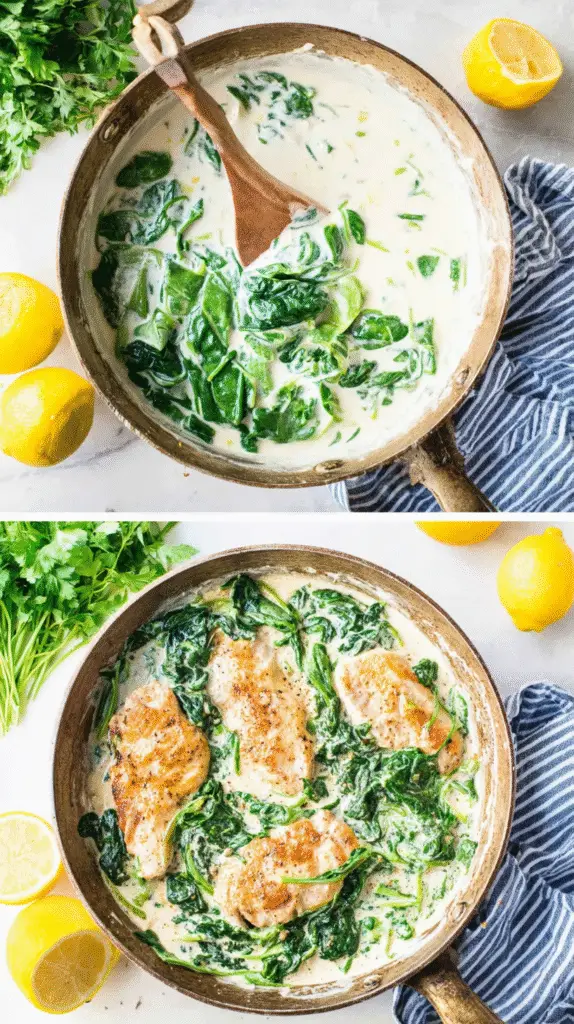 Creamy spinach sauce being stirred, then topped with golden chicken in a skillet for Lemon Spinach Parmesan