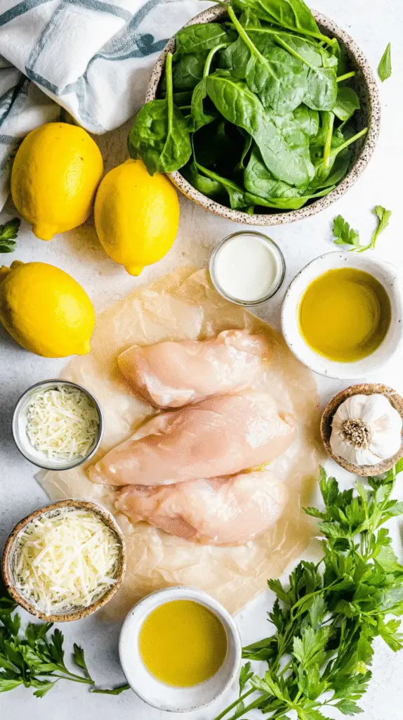 Creamy spinach sauce being stirred, then topped with golden chicken in a skillet for Lemon Spinach Parmesan