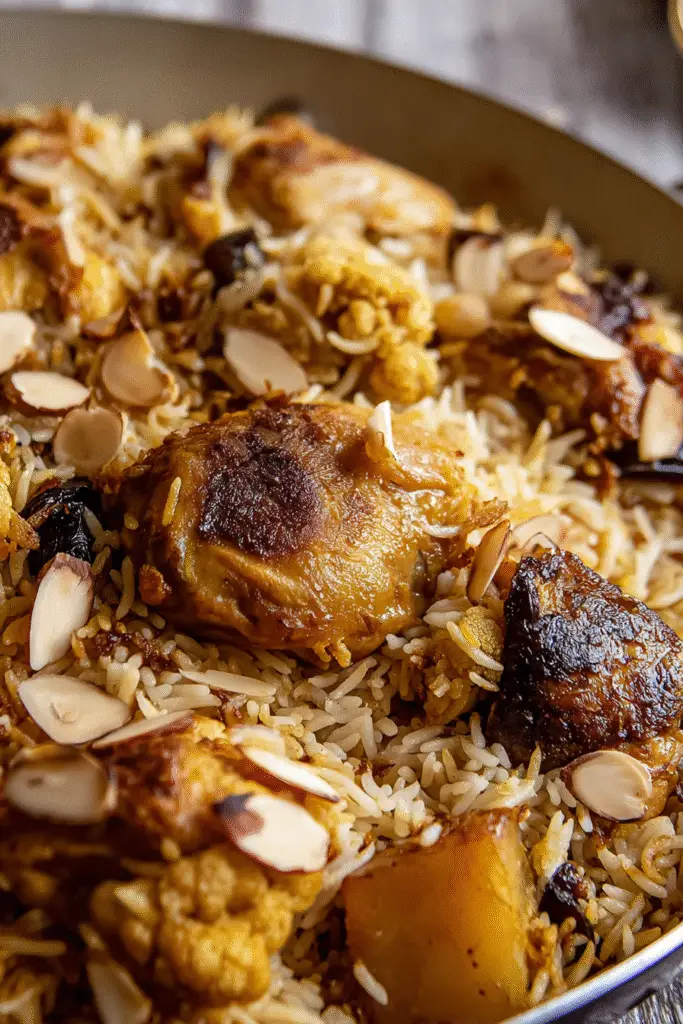 Close-up of Maqluba au poulet with golden chicken, spiced rice, roasted vegetables, and almond slices for rich flavor