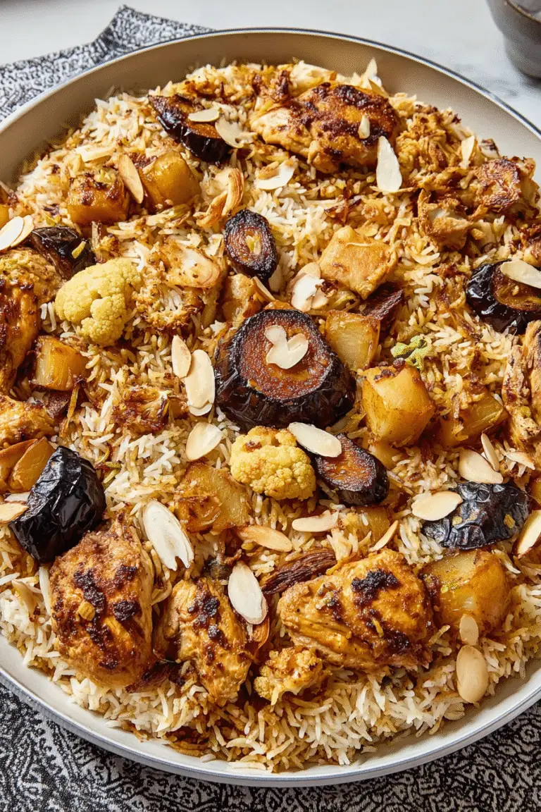 Maqluba au poulet with golden rice, chicken, roasted vegetables, and almonds served in a large pan for a hearty meal
