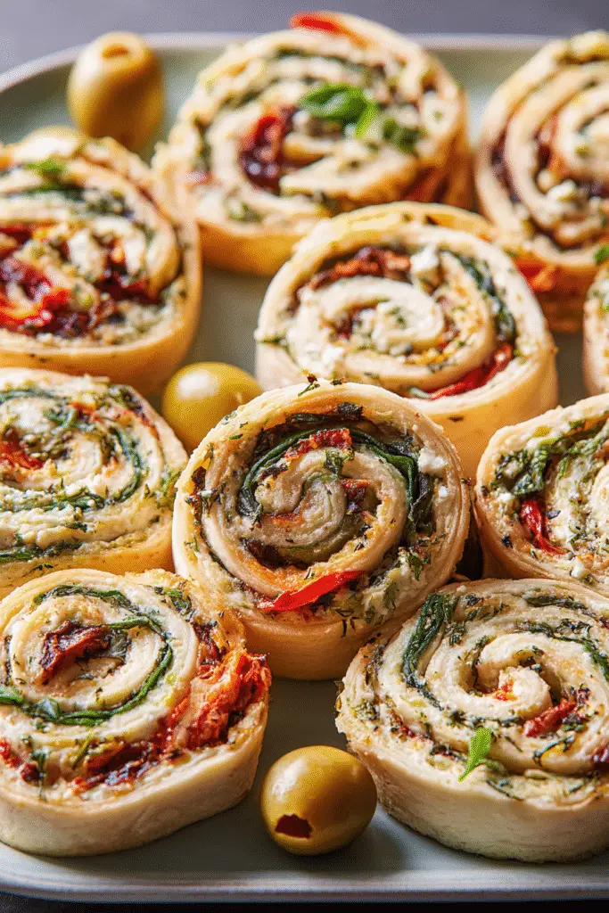 "Golden tortilla pinwheels filled with spinach, feta, sun-dried tomatoes, and herbs for a fresh Mediterranean bite" "Golden tortilla pinwheels filled with spinach, feta, sun-dried tomatoes, and herbs for a fresh Mediterranean bite"