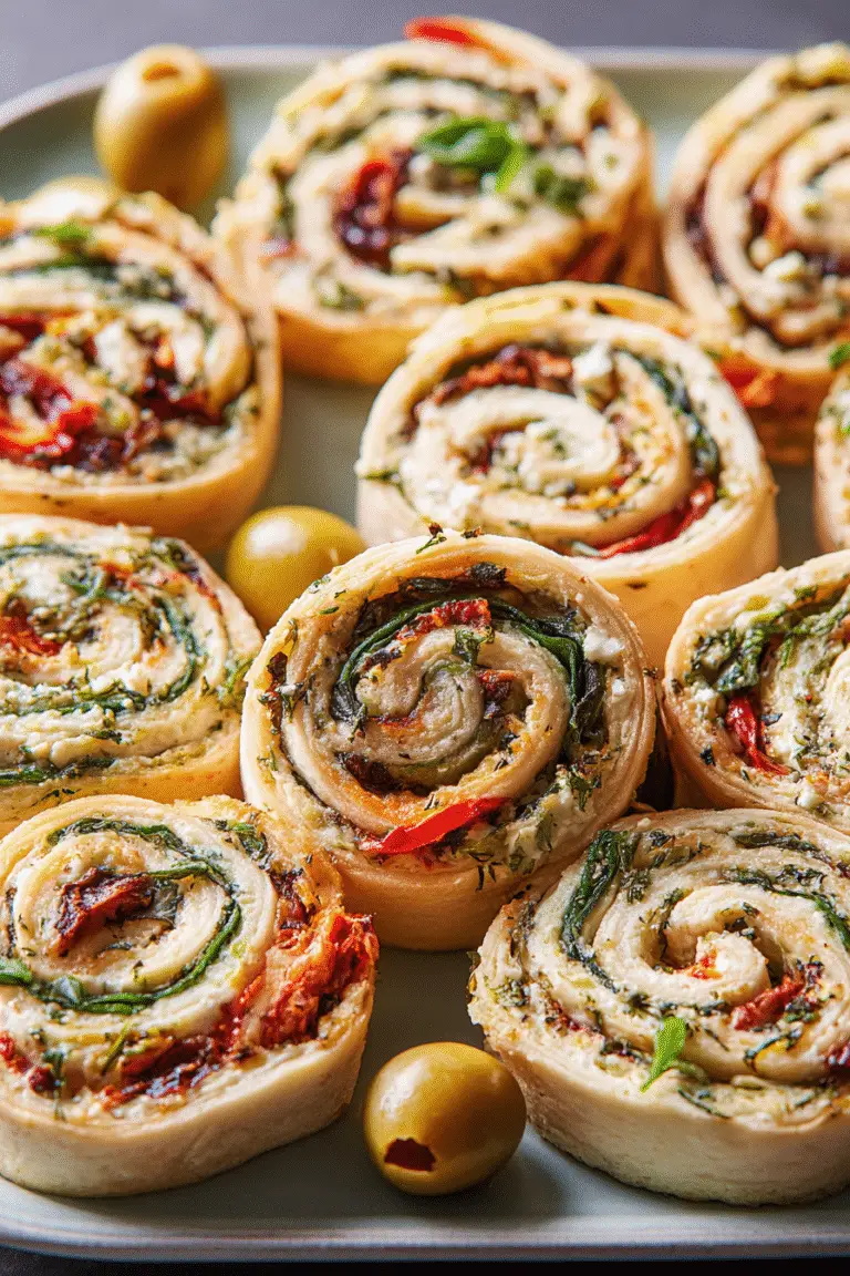 "Golden tortilla pinwheels filled with spinach, feta, sun-dried tomatoes, and herbs for a fresh Mediterranean bite" "Golden tortilla pinwheels filled with spinach, feta, sun-dried tomatoes, and herbs for a fresh Mediterranean bite"