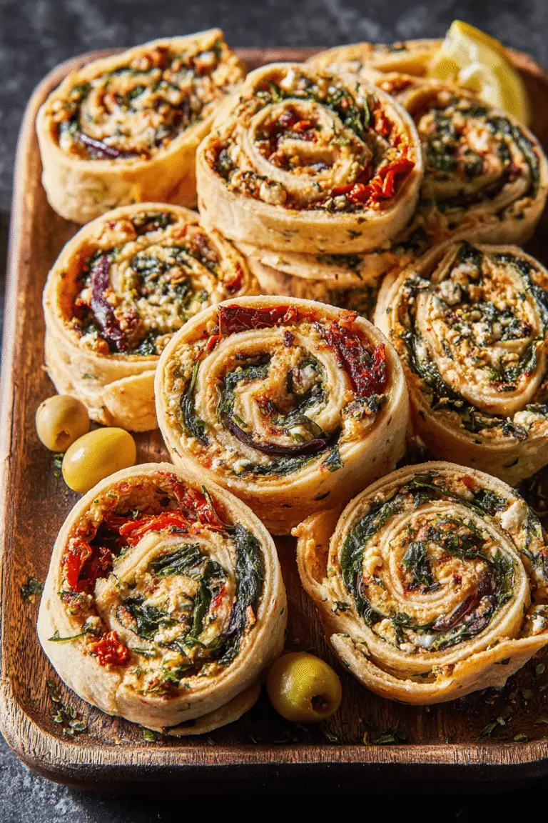 "Golden Mediterranean pinwheels with spinach, feta, and sun-dried tomatoes, served on a wooden platter with olives"