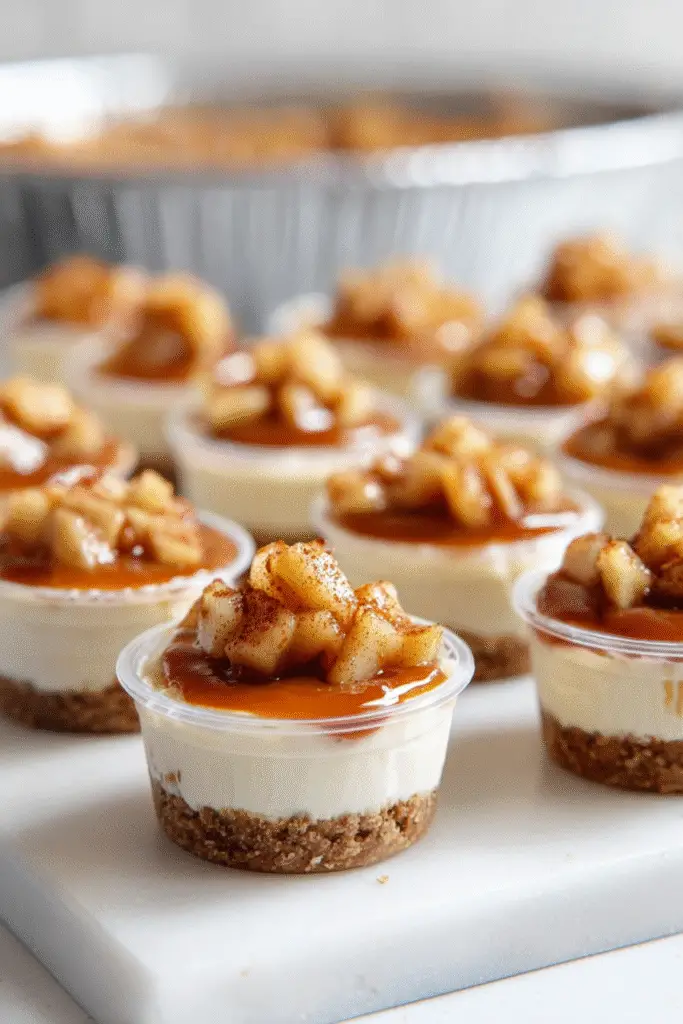 Mini caramel apple pie cups with cheesecake filling, graham cracker crust, cinnamon apples, and caramel drizzle on top