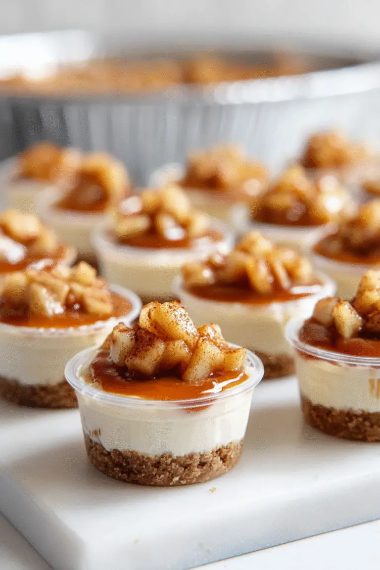 Mini caramel apple pie cups with cheesecake filling, graham cracker crust, cinnamon apples, and caramel drizzle on top