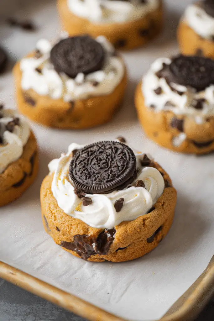 Golden Oreo S’mores cookies topped with whipped marshmallow frosting, Oreo cookie center, and chocolate chunks on baking tray.