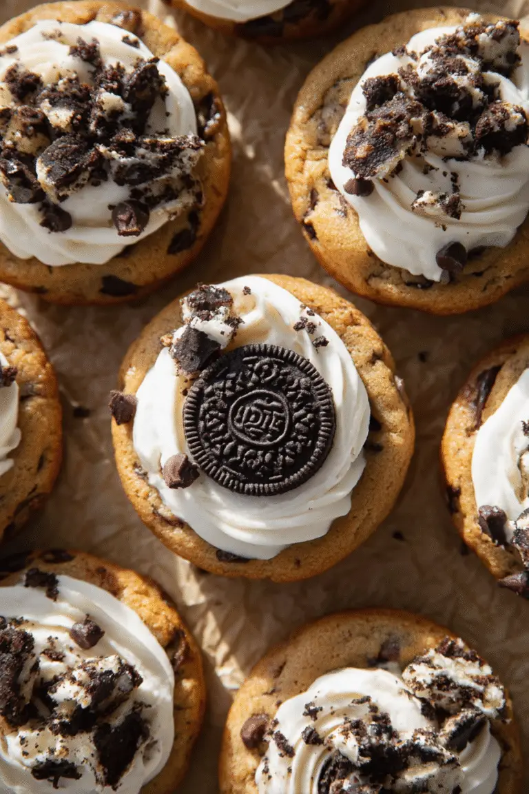 Oreo S’mores cookies topped with creamy marshmallow frosting, crushed Oreos, and chocolate chips on a golden cookie base.