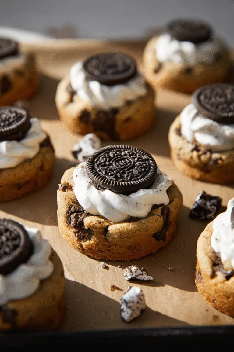Soft Oreo S’mores cookies topped with marshmallow frosting, melted chocolate chunks, and an Oreo center on parchment tray.