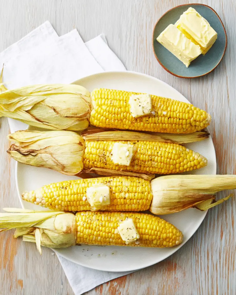 Oven-roasted corn on the cob with melted butter and pepper, served on a white plate with fresh husks partially intact