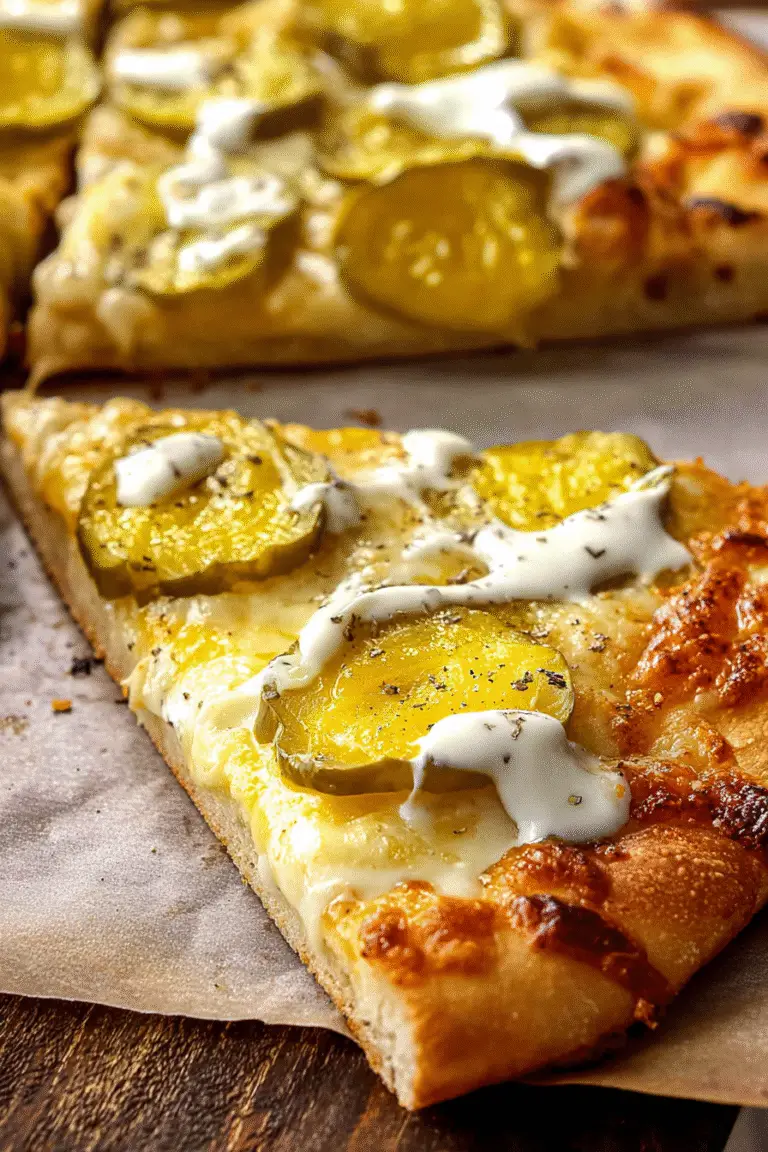 Crispy pickle pizza slice with melted cheese, golden crust, and creamy drizzle for a tangy viral salty bite.