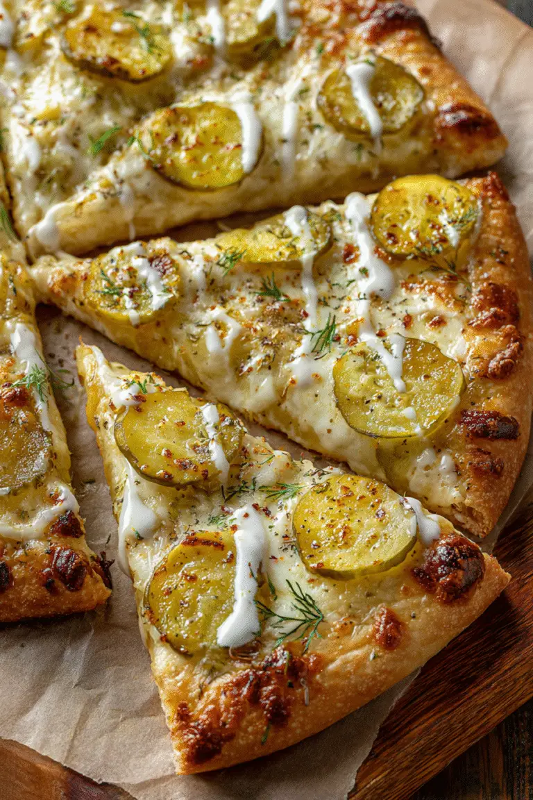 Golden pickle pizza topped with creamy sauce, melted cheese, fresh dill, and seasonings for a tangy viral slice.