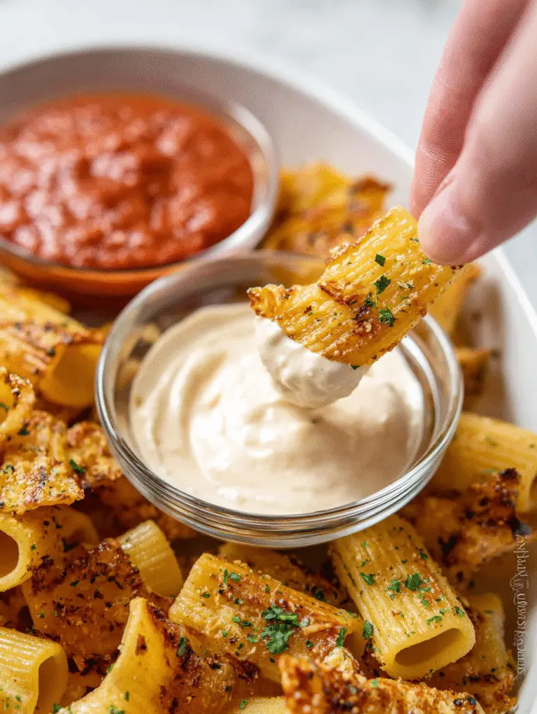 Golden rigatoni pasta chips dipped in creamy garlic sauce with a side of marinara, served in a white snack tray