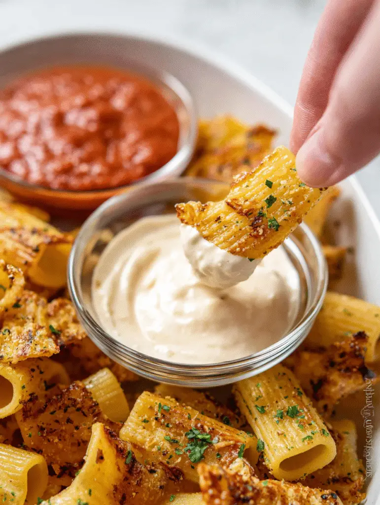 Golden rigatoni pasta chips dipped in creamy garlic sauce with a side of marinara, served in a white snack tray