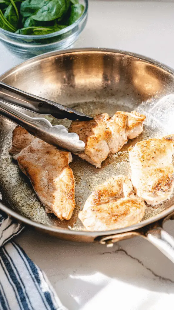 Golden seared chicken breasts cooking in a skillet with tongs and fresh spinach in a bowl nearby