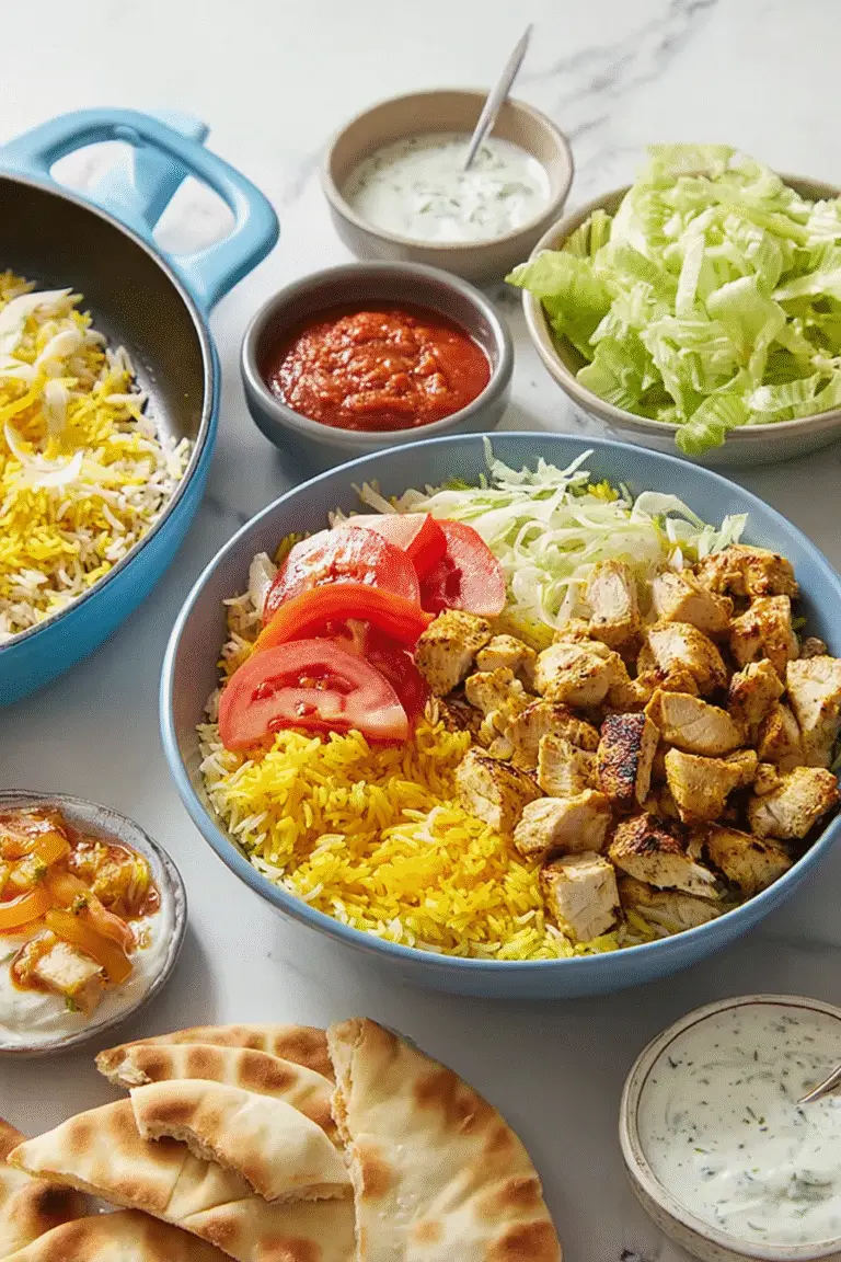 Halal chicken and rice bowl with golden basmati rice, grilled chicken, lettuce, tomatoes, and sauces, Serious Eats style