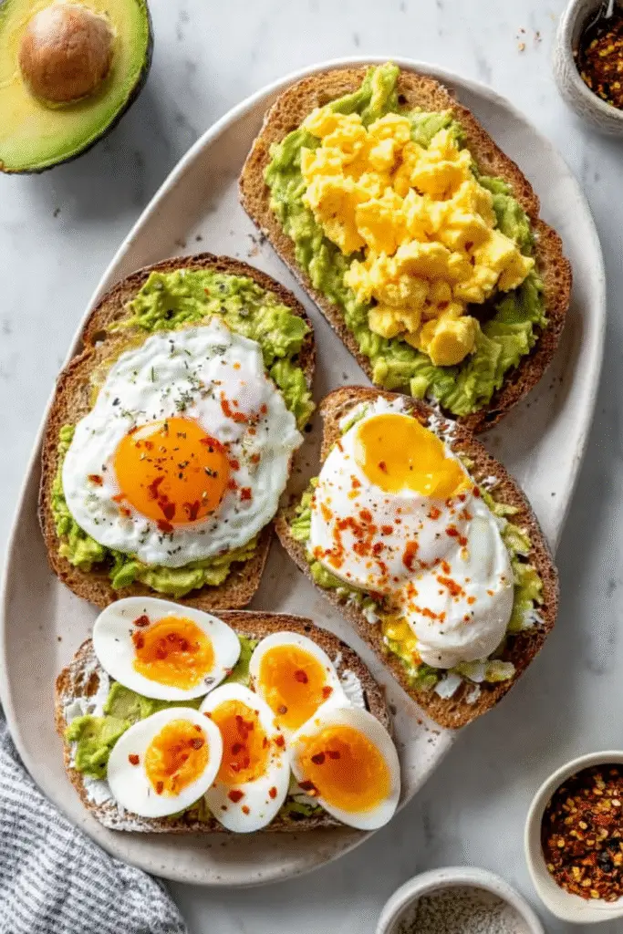 Four avocado toasts topped with scrambled, fried, poached, and soft-boiled eggs, sprinkled with herbs and chili flakes