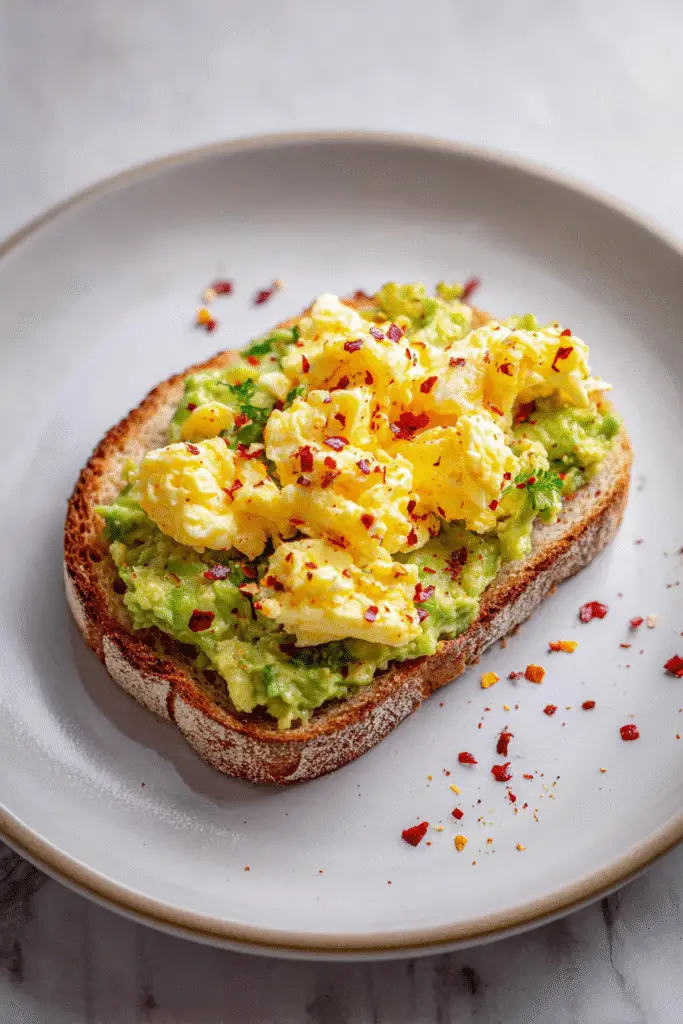 Creamy avocado spread on toasted bread topped with fluffy scrambled eggs and sprinkled with red pepper flakes
