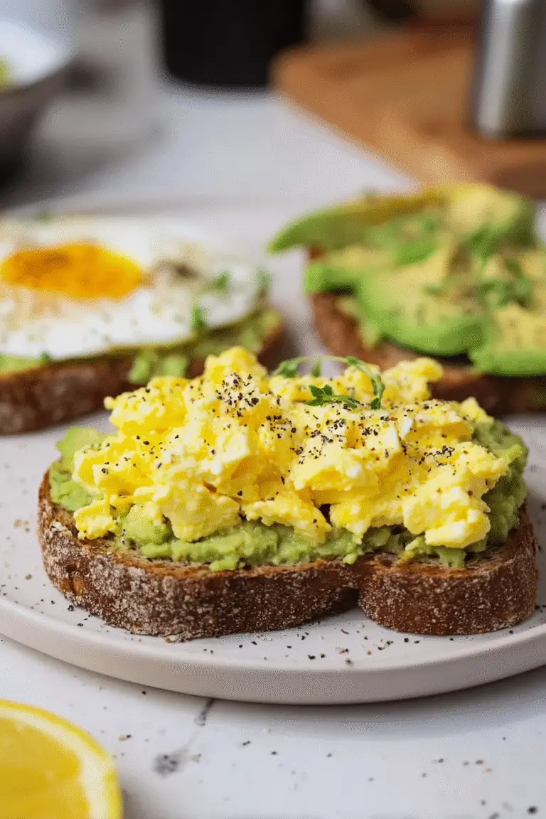 Avocado toast topped with creamy mashed avocado and fluffy scrambled eggs, sprinkled with fresh herbs and black pepper