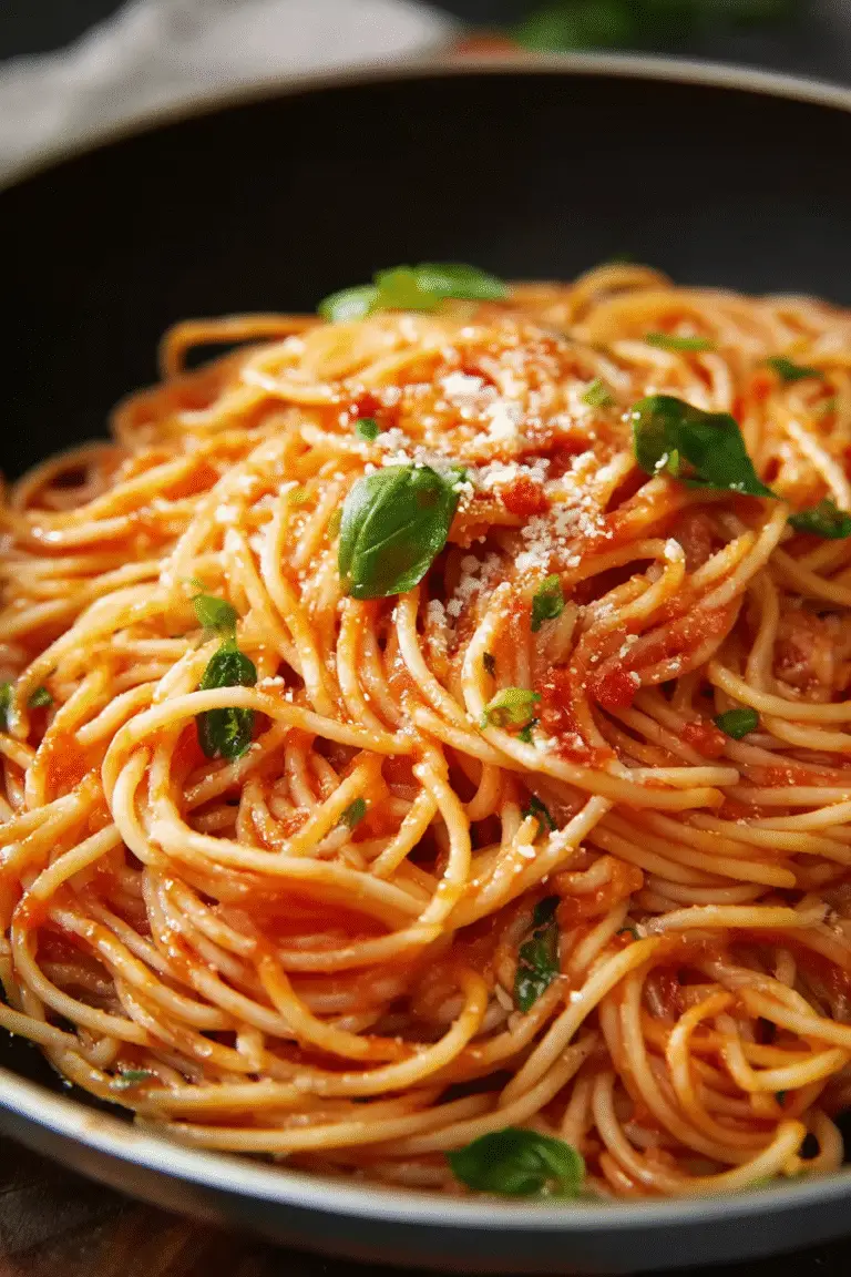 Spaghetti coated in tomato sauce with fresh basil and parmesan sprinkled on top for a classic Italian meal