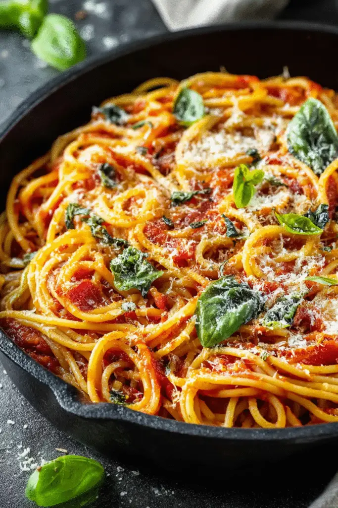Sizzling spaghetti in a skillet with rich tomato sauce, fresh basil leaves, and parmesan cheese sprinkled on top