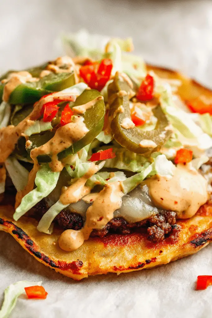 "Close-up of a smash burger taco topped with melted cheese, pickles, lettuce, diced peppers, and creamy chipotle sauce"