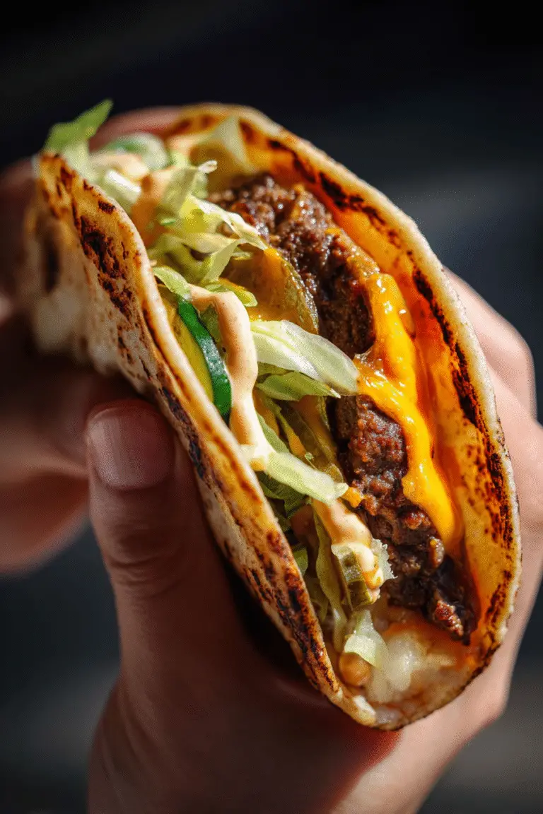 "Hand holding a juicy smash burger taco with melted cheddar, crisp lettuce, pickles, and creamy sauce in toasted tortilla"