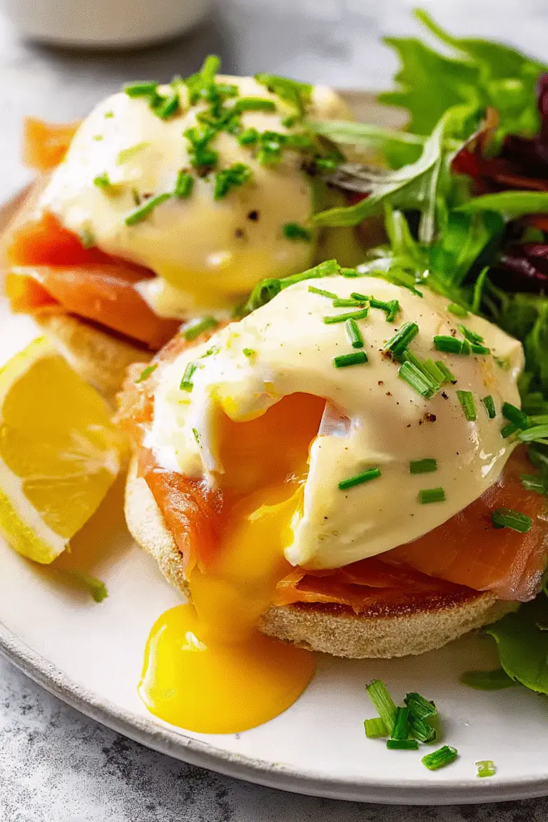 Runny poached egg over smoked salmon on an English muffin, topped with hollandaise sauce and fresh chives