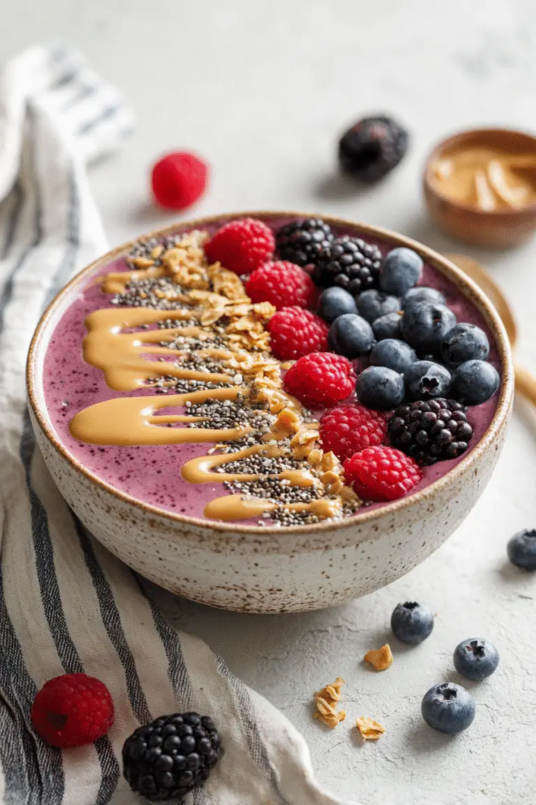 Smoothie bowl with blueberries, raspberries, blackberries, granola, chia seeds, and peanut butter drizzle for breakfast