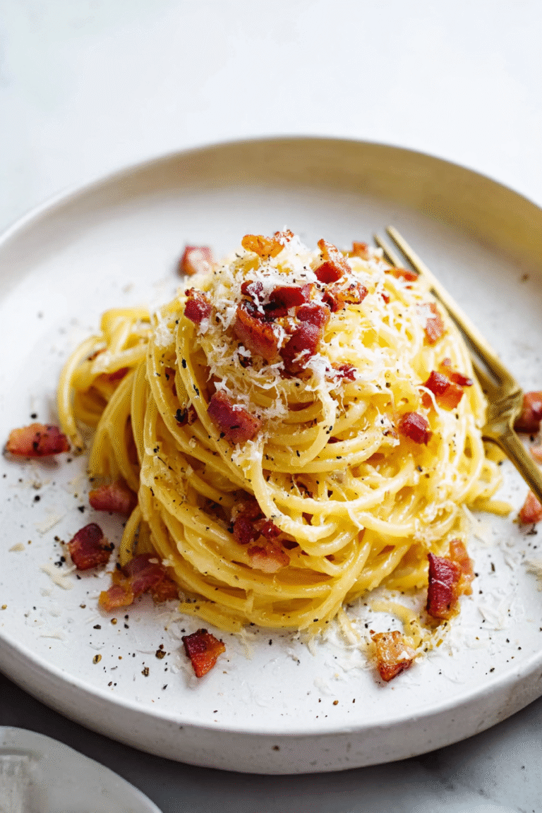Creamy spaghetti carbonara topped with crispy pancetta, grated parmesan, and black pepper on a white plate