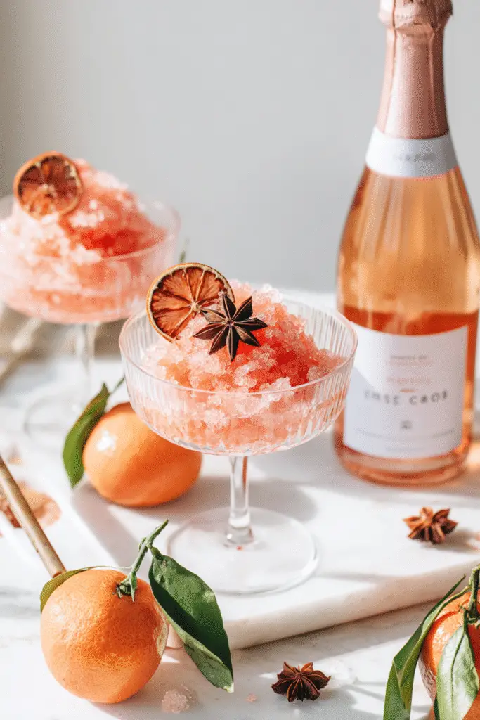Sparkling citrus rosé granita in crystal coupe glass, garnished with dried citrus and star anise beside fresh oranges.
