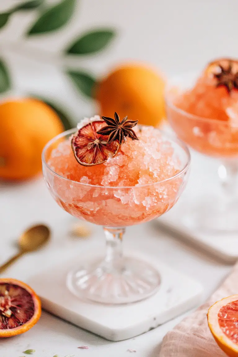 Refreshing citrus rosé granita served in a coupe glass, topped with dried blood orange slice and star anise garnish.