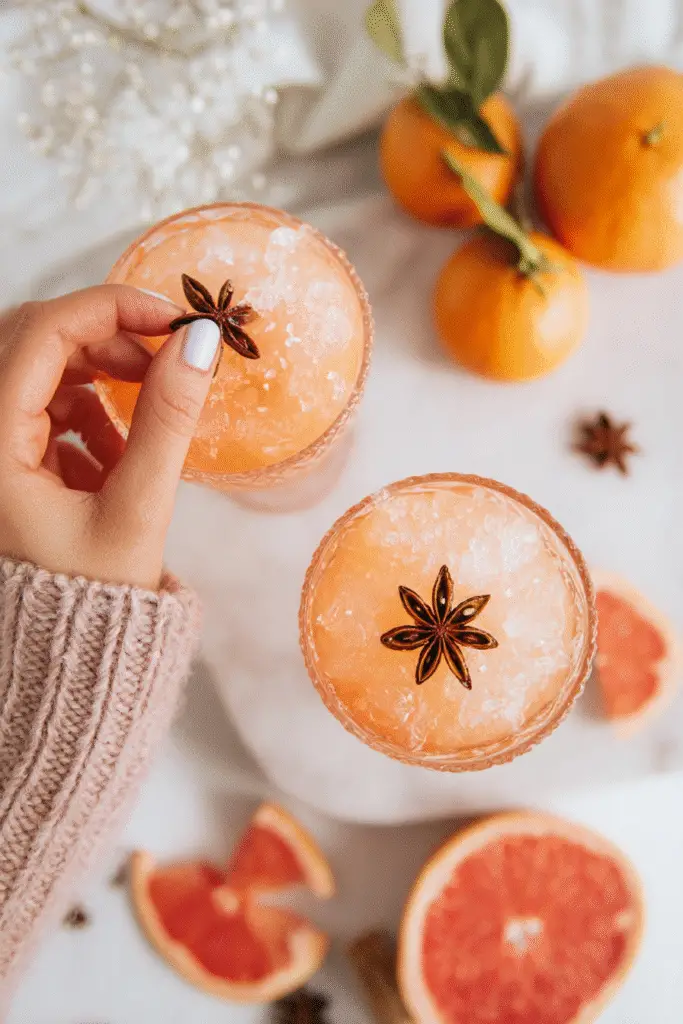 Refreshing sparkling citrus rosé granita topped with star anise, served in elegant glasses with crushed ice.