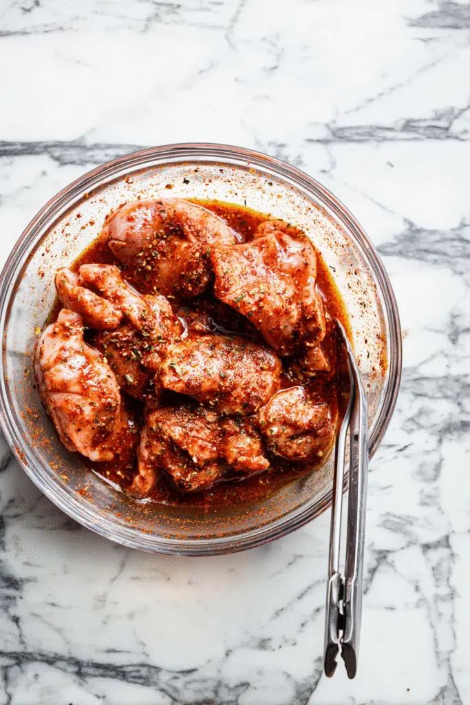 Marinated boneless chicken thighs in spicy seasoning mix inside a glass bowl on white marble, prepped for grilling