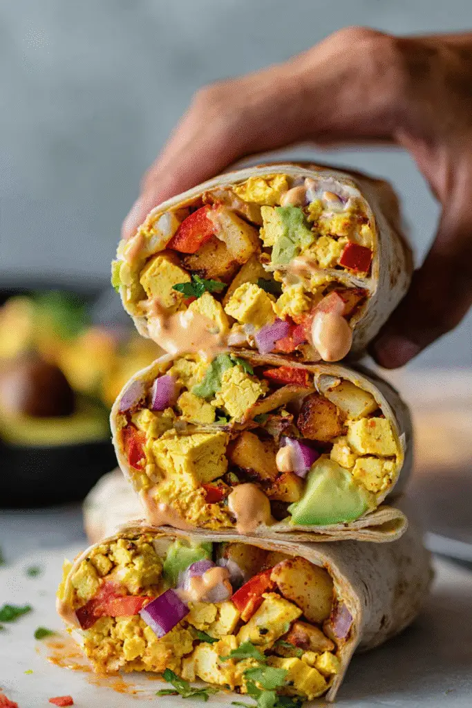 Stacked vegetarian breakfast burritos with tofu scramble, avocado, peppers, onions, and creamy sauce, held by hand.
