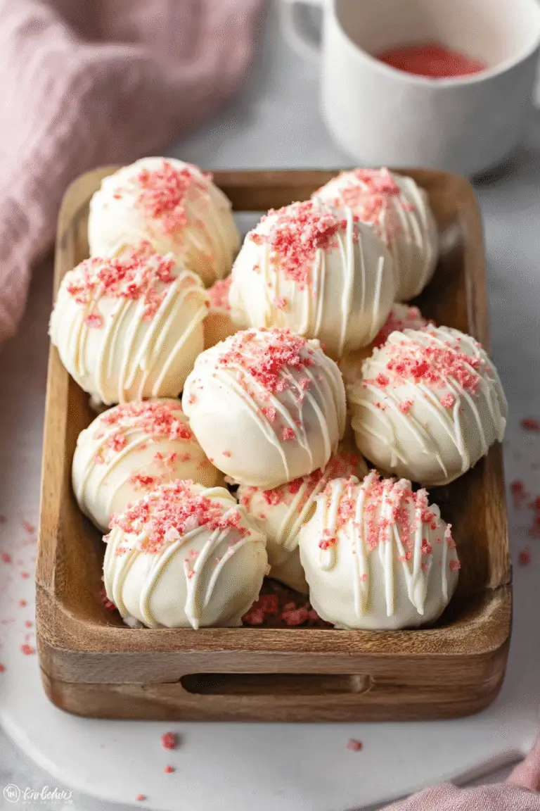 White chocolate Strawberry Cheesecake Truffle Bombs topped with strawberry crumbs, creamy and sweet dessert bites in a wooden tray.