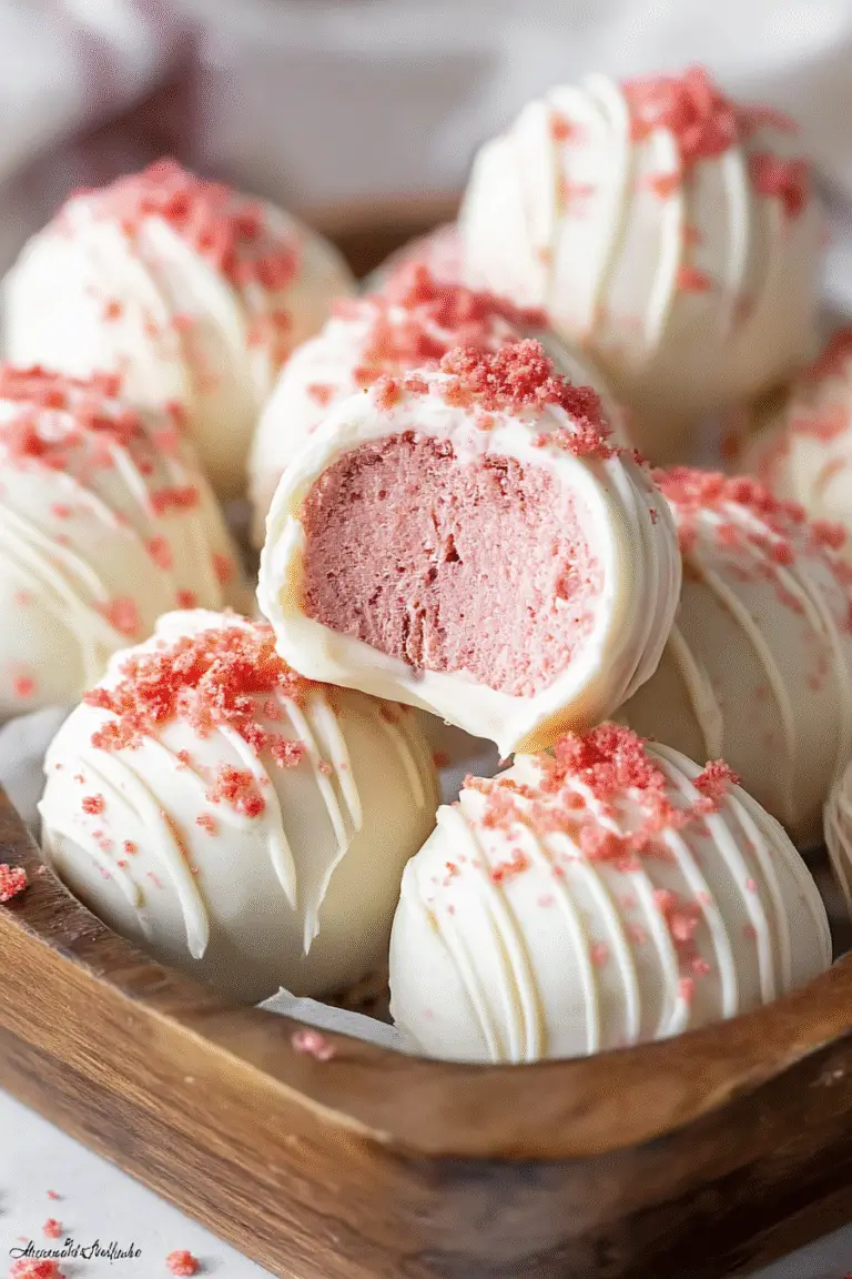 Strawberry Cheesecake Truffle Bombs coated in white chocolate, drizzled and sprinkled with strawberry crumbs for a sweet bite.