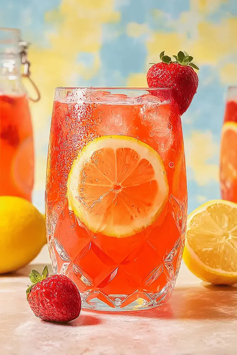 Chilled strawberry lemonade in a tall glass with lemon slices and fresh strawberries, bright and refreshing summer drink