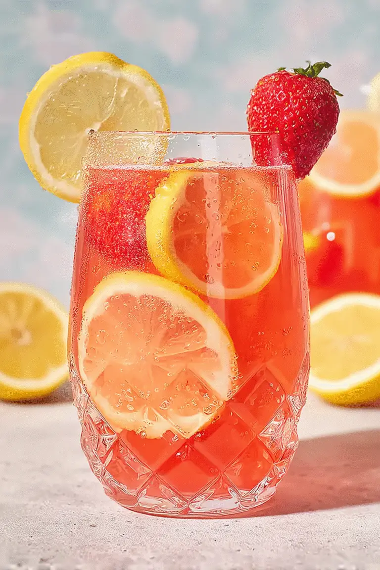 Refreshing strawberry lemonade in a clear glass with lemon slices and fresh strawberries on a white counter background