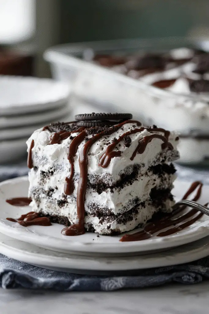 Layered Oreo icebox cake slice with crushed cookie topping and creamy whipped filling, served on a white plate