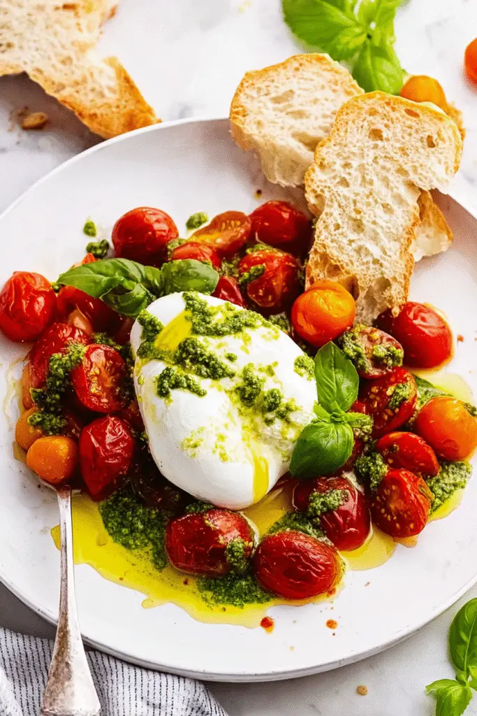 Burrata cheese with roasted cherry tomatoes, fresh basil, and pesto drizzle served with crusty bread on a white plate