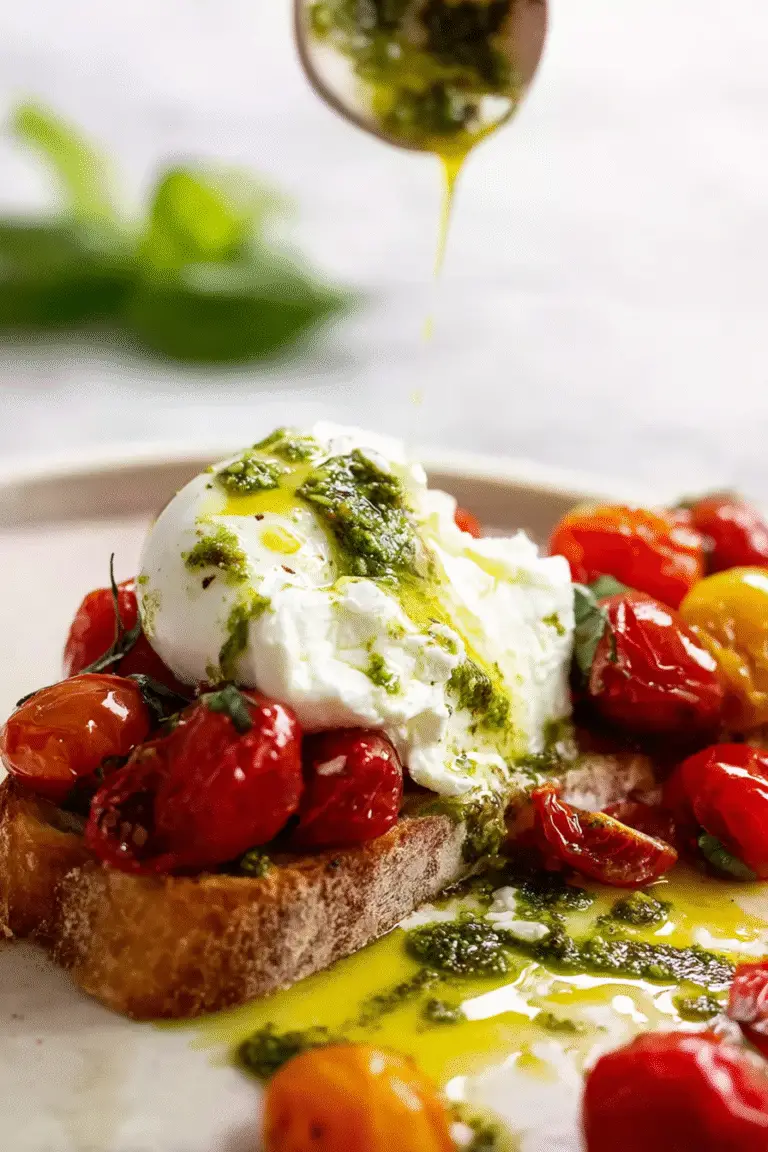 Creamy burrata on toasted bread topped with roasted cherry tomatoes, fresh basil, and pesto drizzle with olive oil