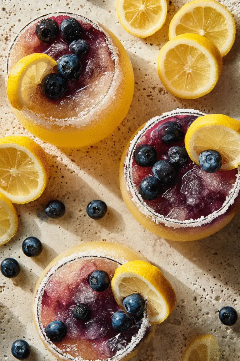 Top view blueberry lemon drop slushies with sugared rims, lemon slices, and blueberries on a bright summer table