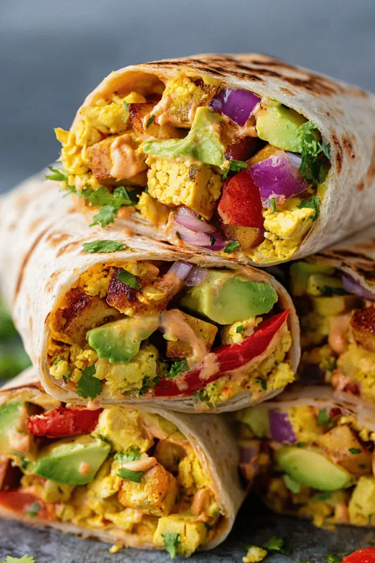 Vegetarian breakfast burrito packed with tofu scramble, avocado, red peppers, onions, cilantro, and creamy sauce.