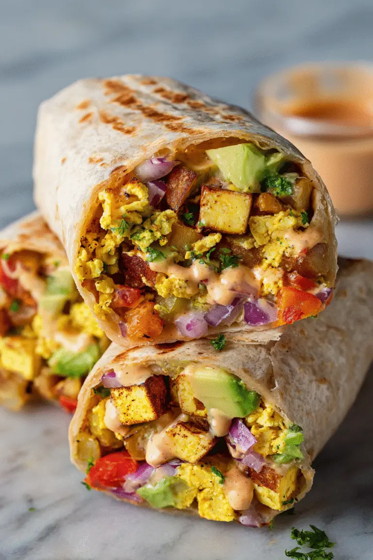Vegetarian breakfast burrito with tofu scramble, avocado, peppers, onions, and creamy sauce wrapped in a warm tortilla.