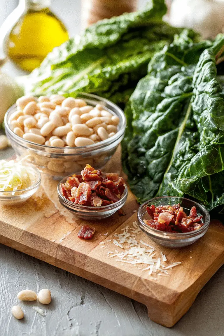 Fresh white beans, leafy greens, crispy bacon bits, and cheese on a rustic wooden board, ready for a hearty dish.
