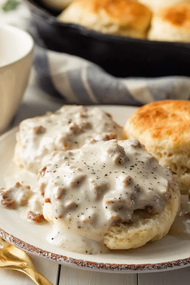 Fluffy homemade biscuits smothered in creamy sausage gravy, topped with black pepper, served warm for breakfast