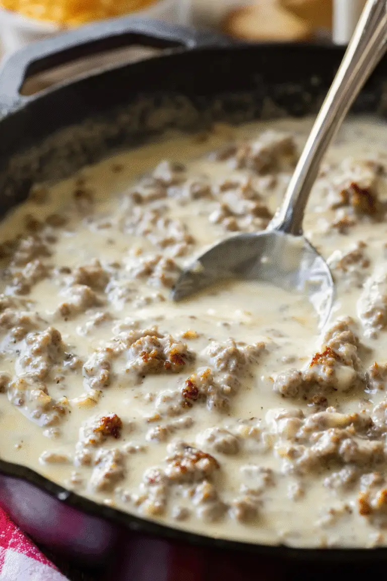 Rich sausage gravy simmering in a cast iron skillet, creamy and hearty, perfect topping for fresh fluffy biscuits